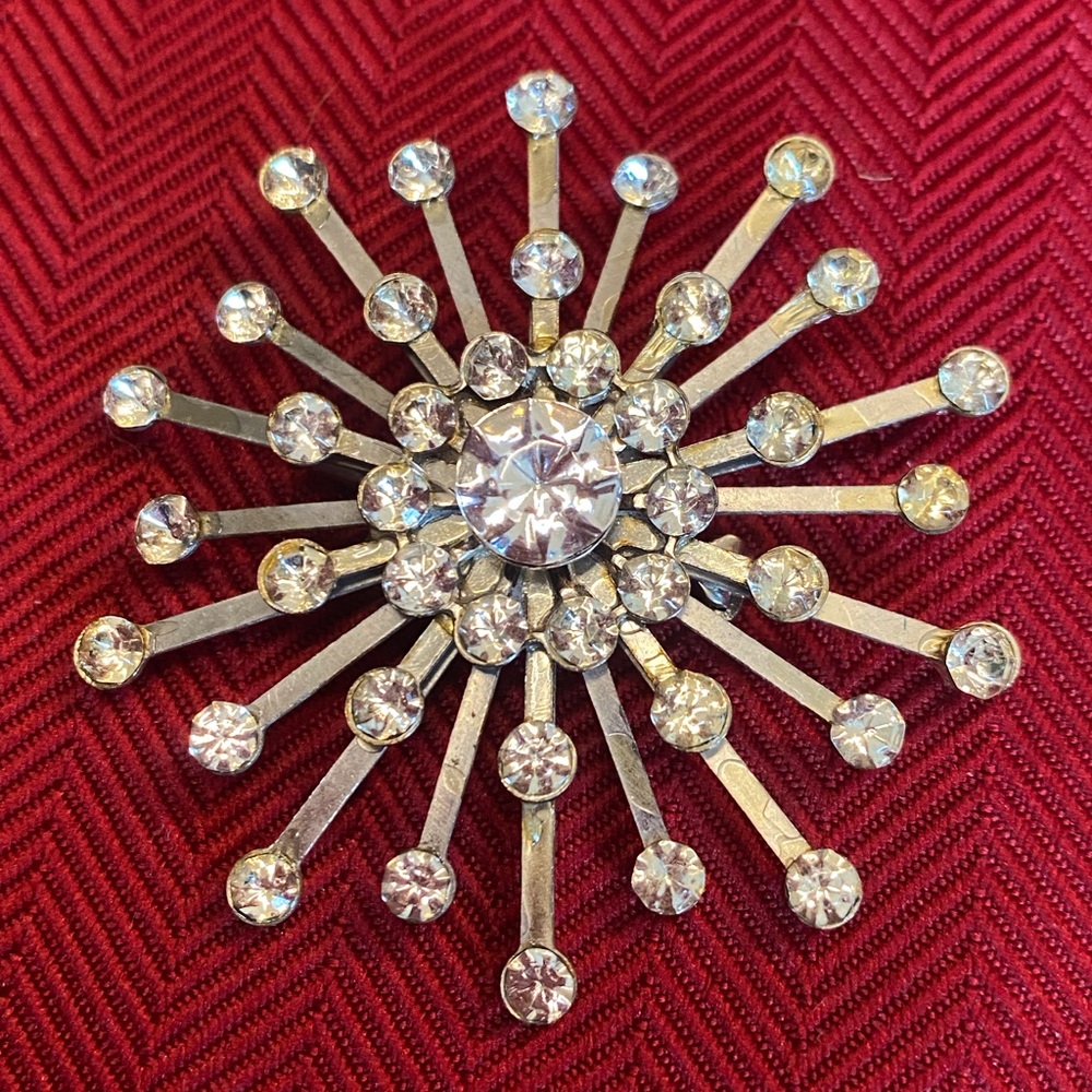 Vintage Satellite Starburst Silver and Rhinestone Brooch